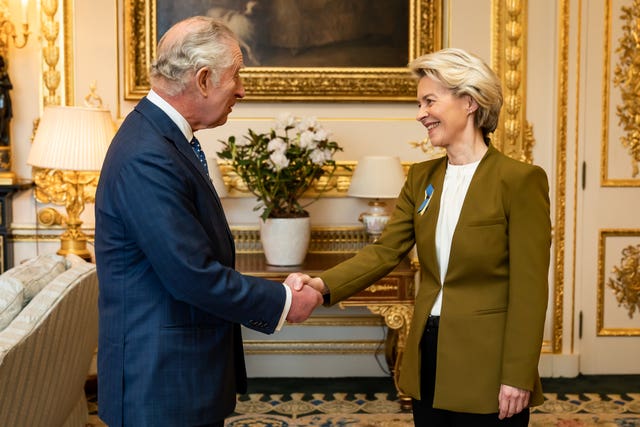 The King shakes hands with European Commission president Ursula von der Leyen at Windsor Castle on the day the Windsor Framework post-Brexit deal was agreed