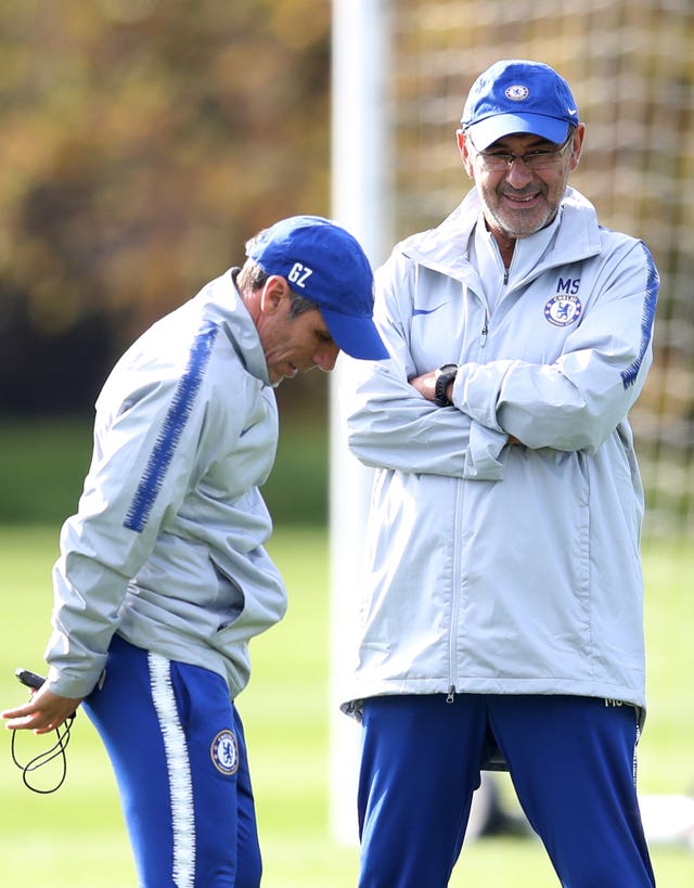 Claudio Ranieri was a guest of Gianfranco Zola, left, and Maurizio Sarri, right, at Chelsea