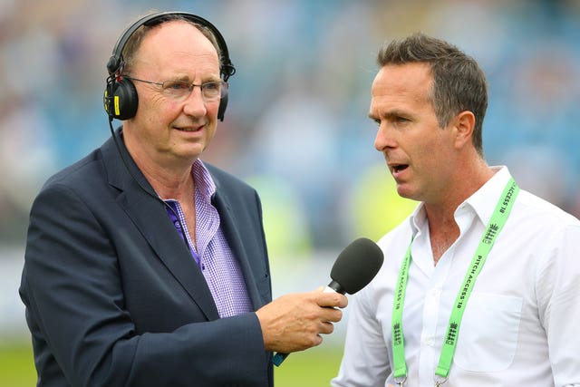Former England captain Michael Vaughan (right) is interviewed