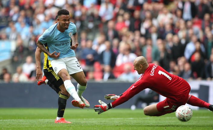 Gabriel Jesus scores in Manchester City's FA Cup final win over Watford