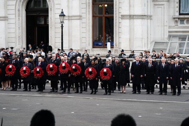 From left, Home Secretary Yvette Cooper, Foreign Secretary David Lammy, Speaker of the House of Lords, Lord McFall, Speaker of the House of Commons, Sir Lindsay Hoyle, DUP leader Gavin Robinson, NP Westminster leader Stephen Flynn, Liberal Democrat leader Sir Ed Davey, Conservative Party leader Kemi Badenoch, Prime Minister Sir Keir Starmer, former prime minister Theresa May, former prime minister Lord David Cameron, former prime minister Gordon Brown, former prime minister Tony Blair, and former prime minister John Major, during the Remembrance Sunday service at the Cenotaph