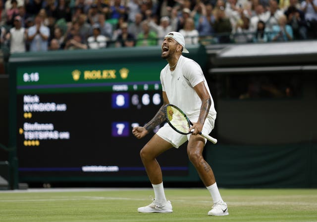 Nick Kyrgios celebrates his victory over Stefanos Tsitsipas