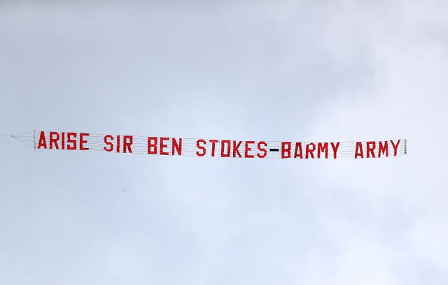 The Barmy Army declared Friday 'Ben Stokes Day' in honour of the all-rounder's World Cup heroics, with a plane trailing a banner that read: 