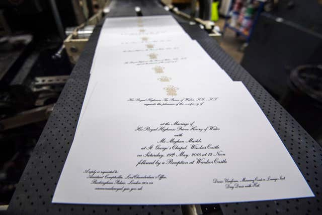 Invitations for Prince Harry and Meghan Markle’s wedding in May, after they have been printed (Victoria Jones/PA)
