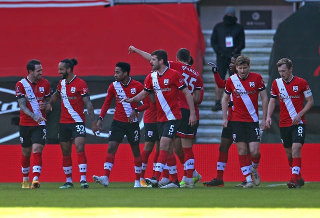 Southampton players celebrate the only goal 