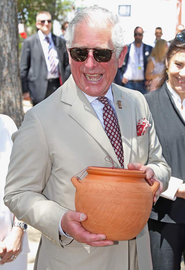 The prince, patron of the British School at Athens, attended a Cooking Like Minoans event at the Knossos Archaeological Site (Chris Jackson/PA)