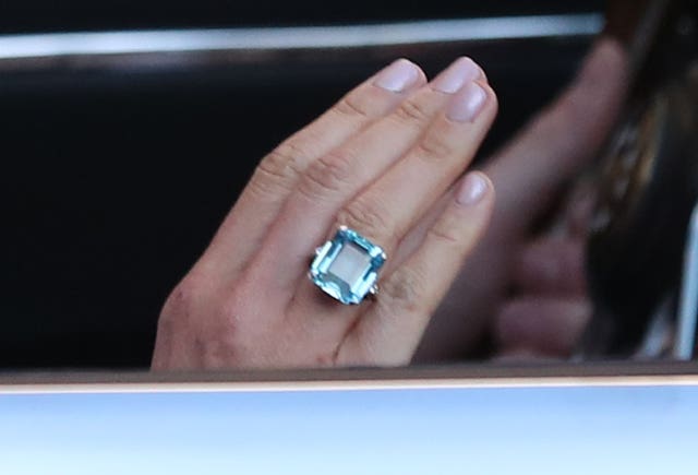 Close up of the ring worn by the newly married Duchess of Sussex (Steve Paresons/PA)