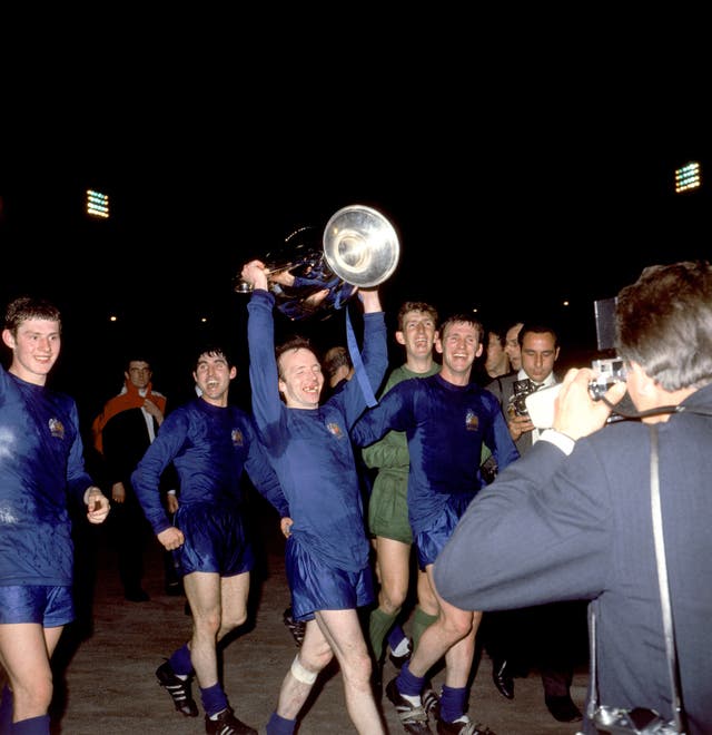 Manchester United's Stiles celebrates with the European Cup in 1968 following his side's 4-1 win over Benfica