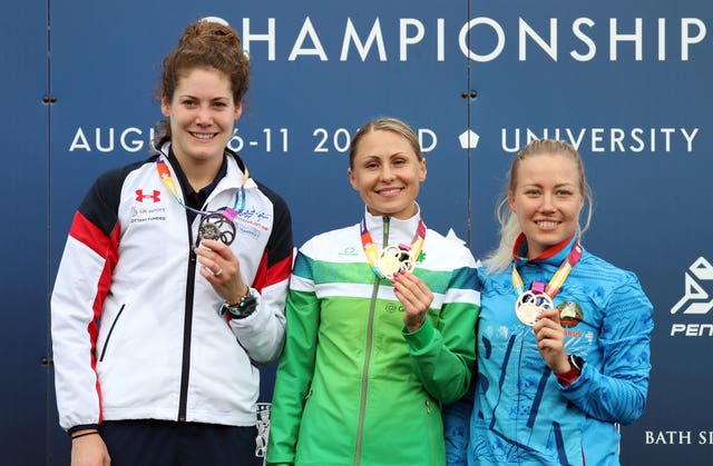Great Britain's Kate French, left, won the silver medal at the 2019 Modern Pentathlon European Championships