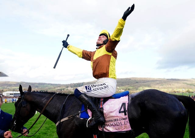 Paul Townend celebrates on Galopin Des Champs at Cheltenham