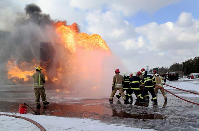 Drills at the RAF Manston Defence Fire Training & Development Centre in Ramsgate, Kent (Gareth Fuller/PA)