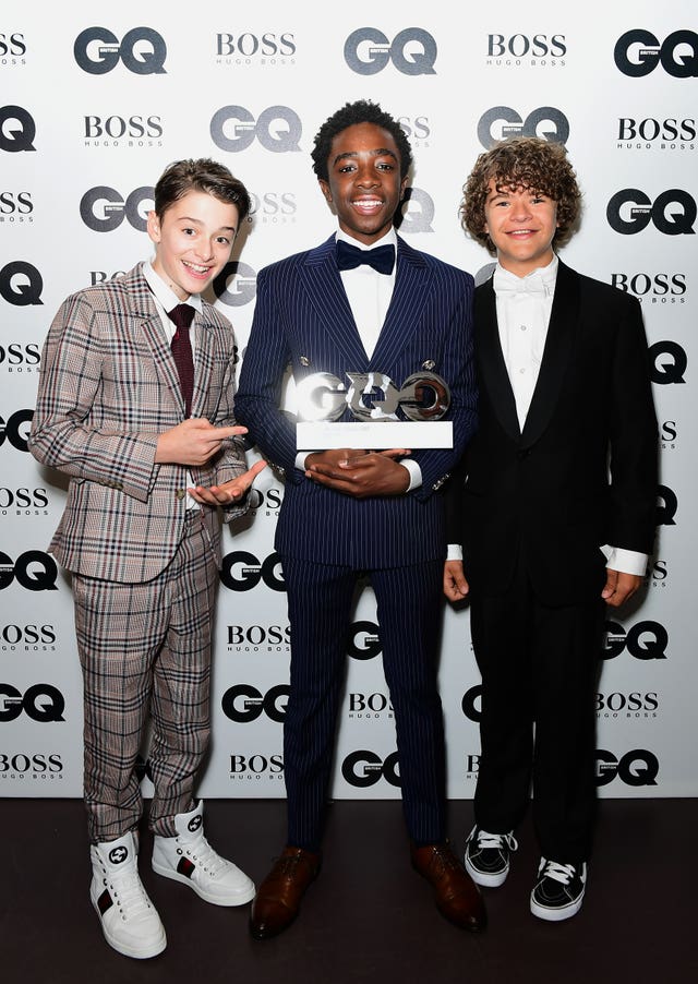 Noah Schnapp, pictured left with co-stars Caleb McLaughlin (centre) and Gaten Matarazzo, has told fans what to expect from season three of Stranger Things (Ian West/PA)