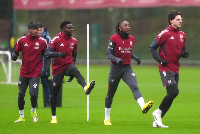 Arsenal’s Noni Madueke (left), Bukayo Saka, Eberechi Eze and Declan Rice (right) during a training session