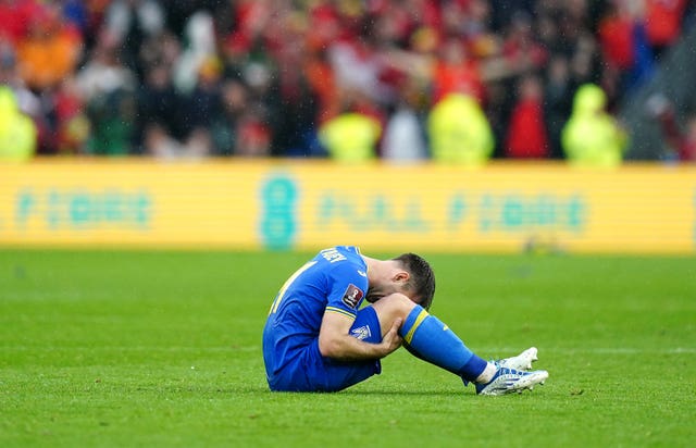 Ukraine’s Oleksandr Karavaev on the final whistle in Cardiff