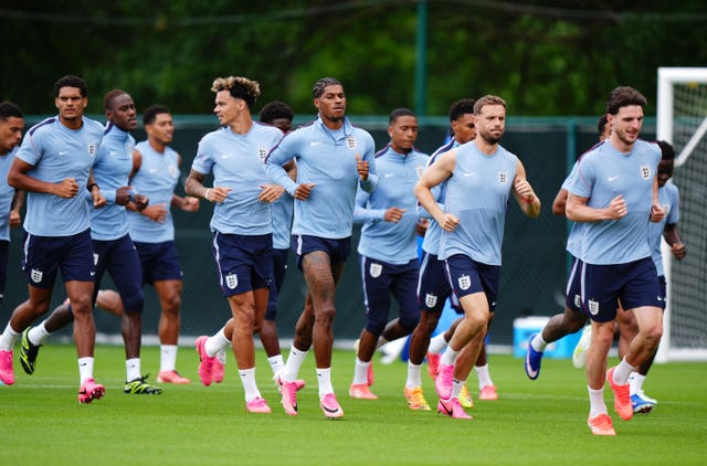 England’s Nico O’Reilly, Marcus Rashford and Jordan Henderson during a training session at Swope Soccer Village, Kansas City, on Monday