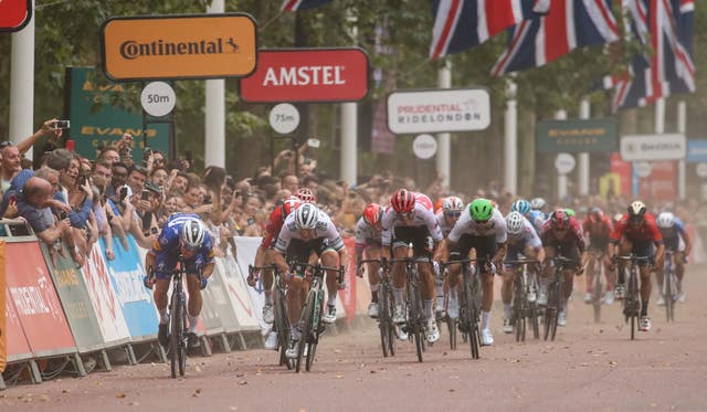 Elia Viviani, left, sprints to victory at the Prudential RideLondon Classic