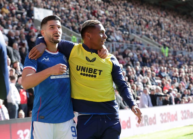 Antonio Colak, left, celebrates his second goal with substitute Alfredo Morelos