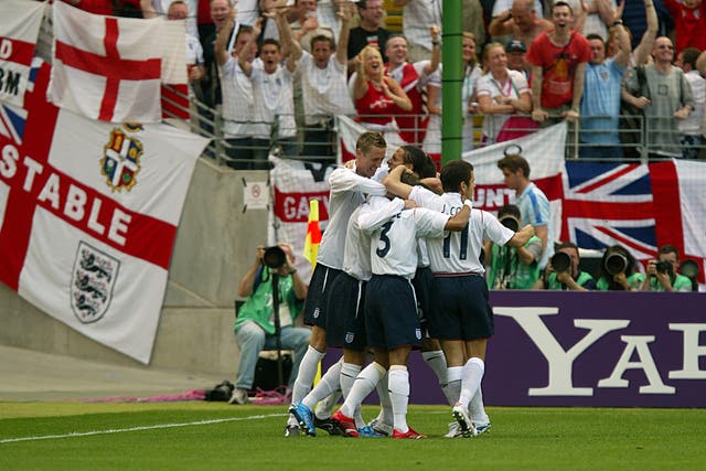 England stars celebrate the own goal that brought victory over Paraguay at the 2006 World Cup