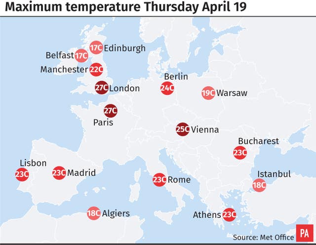 Maximum temperature for Thursday April 19 (PA Graphics)