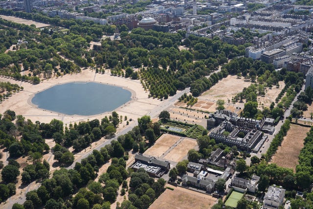 An aerial view of Kensington Palace and Kensington Gardens in London as the heatwave continues