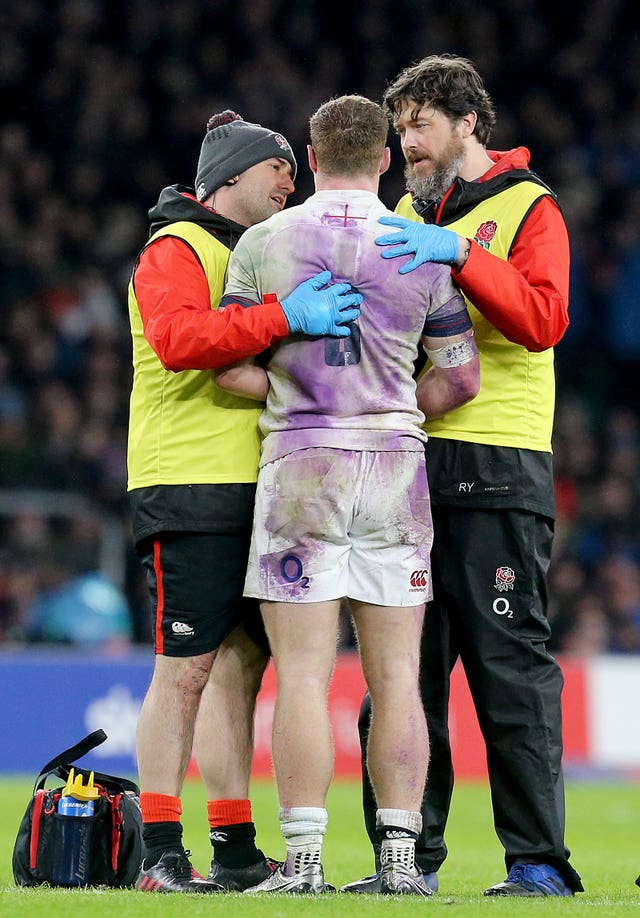 Sam Simmonds receives treatment against Wales