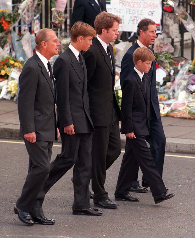 The Duke of Edinburgh, Prince William, Earl Spencer, Prince Harry and the Prince of Wales following the coffin of Diana, Princess of Wales (Adam Butler/PA)