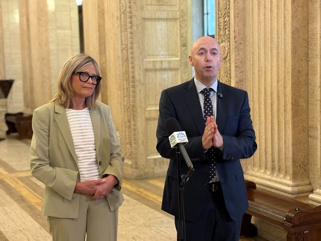 Ulster Unionist leader Jon Burrows speaks to the media in the Great Hall of Parliament Buildings at Stormont, accompanied by deputy leader Diana Armstrong