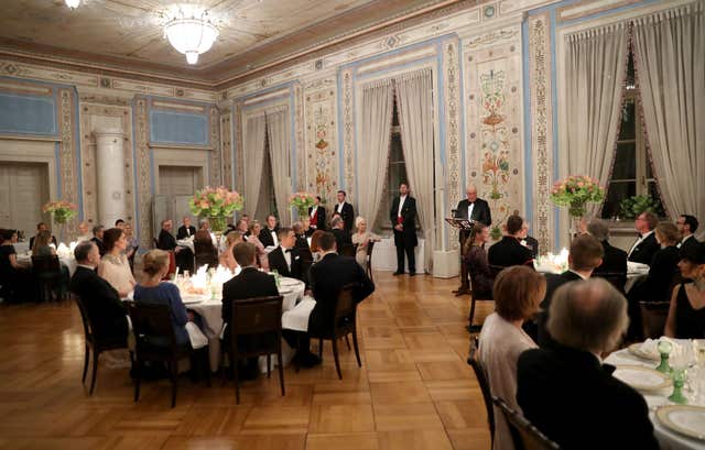 King Harald V of Norway makes a speech at a dinner with the Duke and Duchess of Cambridge at the Royal Palace, Oslo, (Chris Jackson/PA)