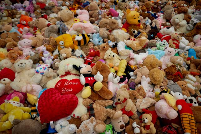 Some of the 2,000 teddy bears left as tributes to children and others killed in the bombing (Manchester City Council/PA)