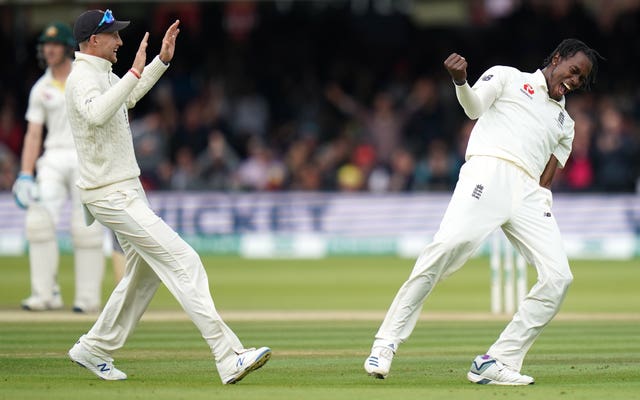 Jofra Archer celebrates on the final day of the second Ashes Test
