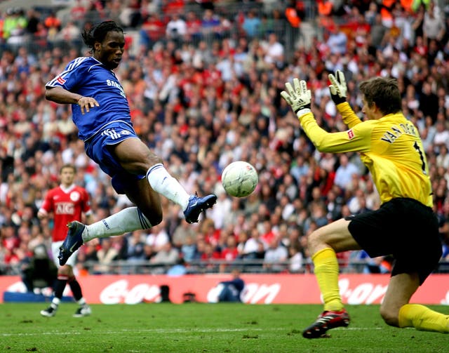 Chelsea's Didier Drogba scores the first FA Cup final goal at Wembley