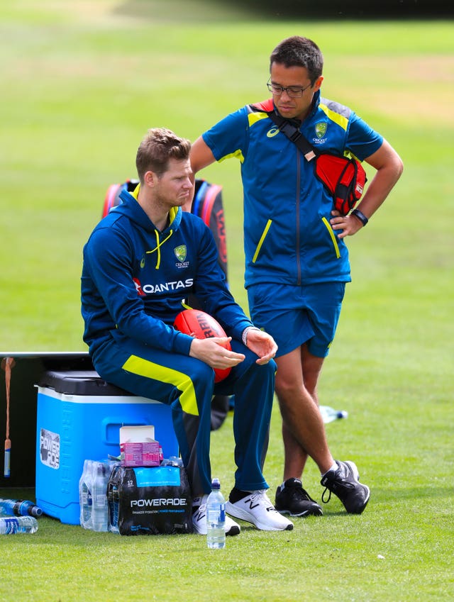 Steve Smith with Australia team doctor Richard Saw during the nets session at Headingley