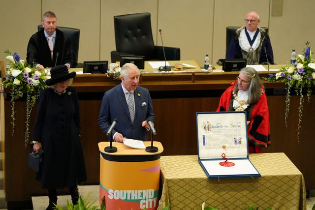Charles addresses members of the council, guests and family members of the late Sir David Amess, in the council chamber at the Civic Centre in Southend-on-Sea