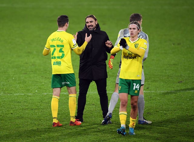 Norwich City head coach Daniel Farke celebrates with his players