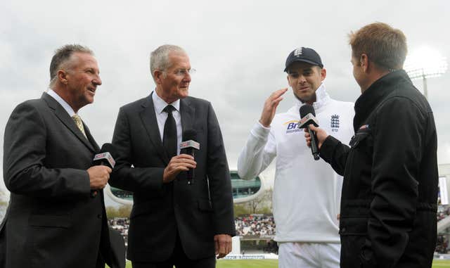 Anderson, second right, speaks about his achievement with Sir Ian Botham, left, and Bob Willis, second left (Anthony Devlin/PA)
