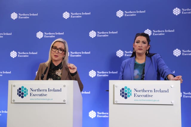 First Minister Michelle O’Neill (left) and Deputy First Minister Emma Little-Pengelly hold a press conference following a meeting of the Stormont Executive, at Stormont Castle, Belfast