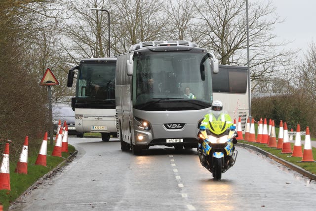 Coaches carrying coronavirus evacuees arrive at Kents Hill Park Training and Conference Centre, in Milton Keynes, after being repatriated to the UK from the coronavirus-hit city of Wuhan in China