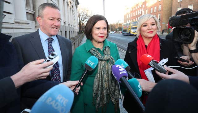Conor Murphy, Mary Lou McDonald and Michelle O'Neill arrive at Government Buildings in Dublin (Niall Carson/PA)
