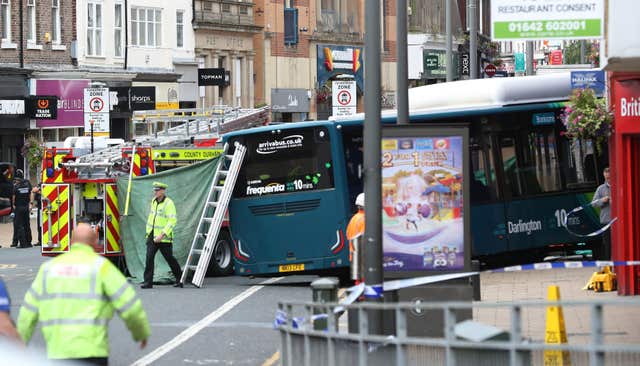 The scene of the bus incident in Darlington where an elderly female pedestrian died (Owen Humphreys/PA)