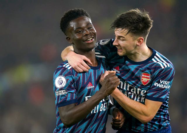 Bukayo Saka, left, celebrates his goal with Kieran Tierney