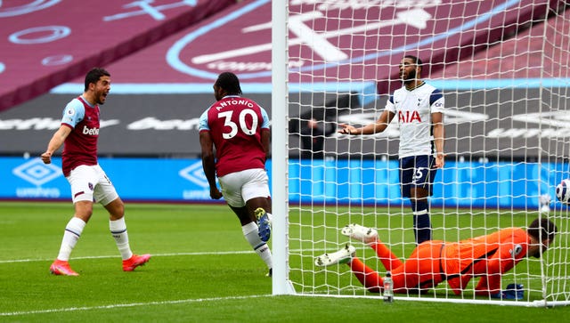 Michail Antonio, centre, celebrates scoring against Tottenham last season.
