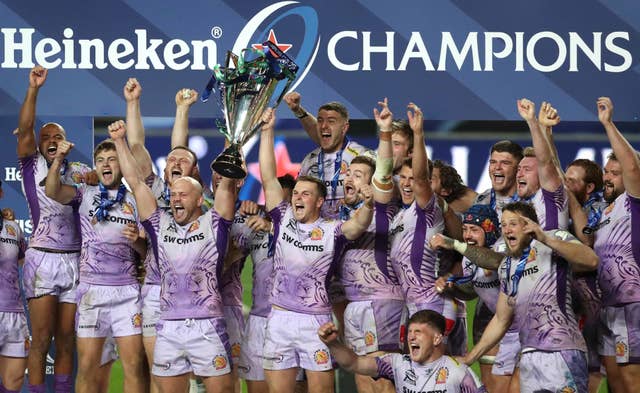 Exeter Chiefs celebrate with the European Champions Cup trophy 
