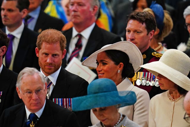 The Duke and Duchess of Sussex and Lady Sarah Chatto during the service