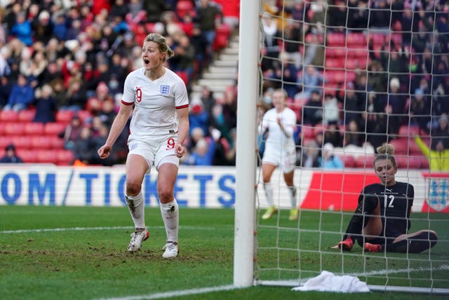 Ellen White, left, celebrates after scoring England's winner against Austria in World Cup qualifying
