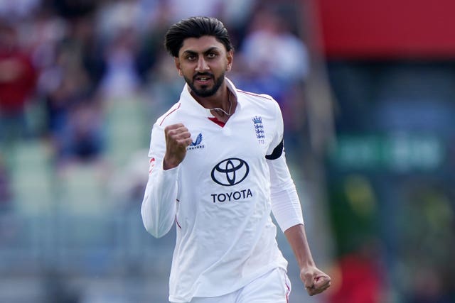 Shoaib Bashir celebrates Rishabh Pant's wicket at Edgbaston in 2025.