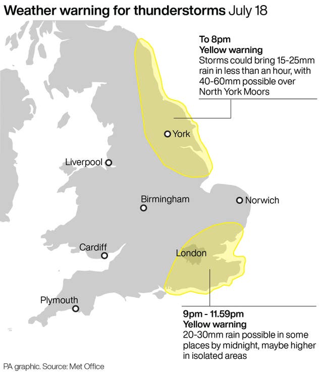 A map showing where thunderstorms will hit the UK
