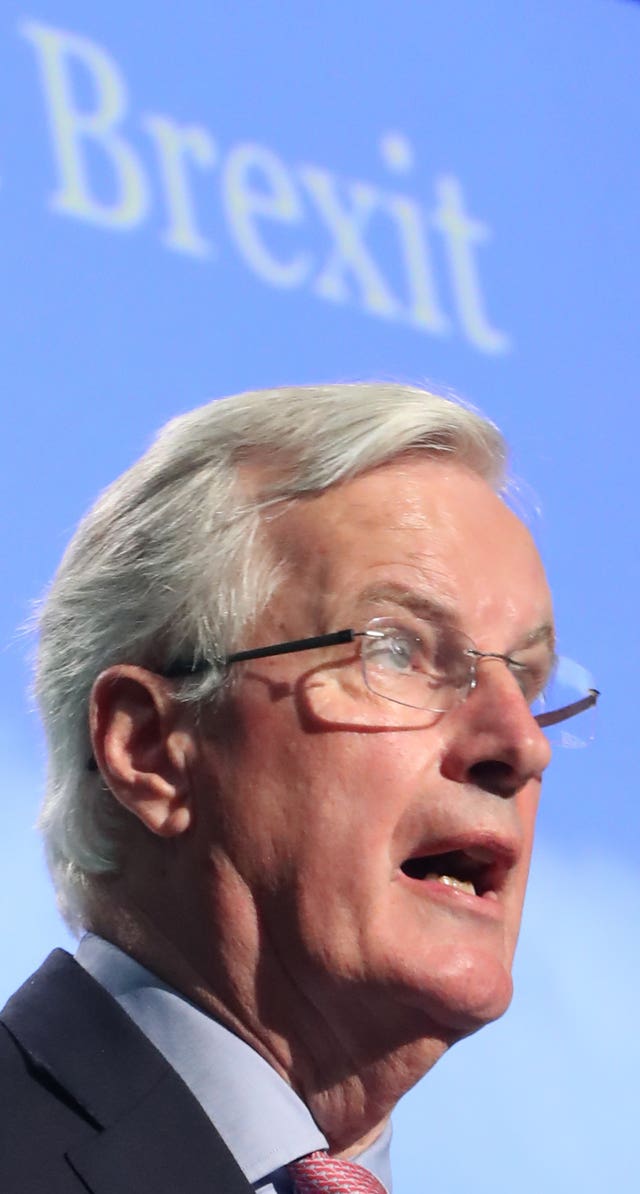 The EU's chief Brexit negotiator Michel Barnier addresses the All-Island Civic Dialogue conference on Brexit, at the Dundalk Institute of Technology (Niall Carson/PA)