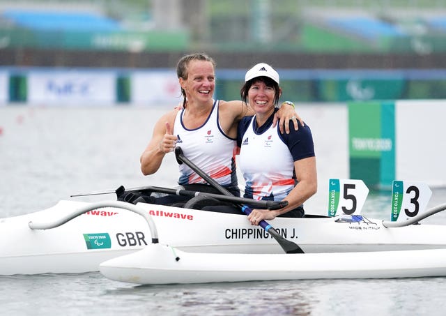 Great Britain’s Emma Wiggs, left, celebrates with GB team-mate Jeanette Chippington