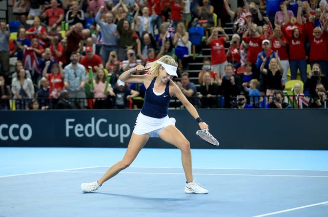 Katie Boulter punches the air after beating Kazakhstan's Zarina Diyas