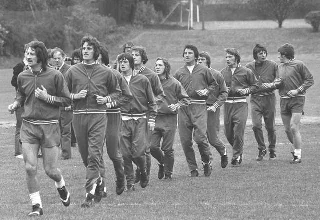 Frank Worthington (far left) trains with the England squad